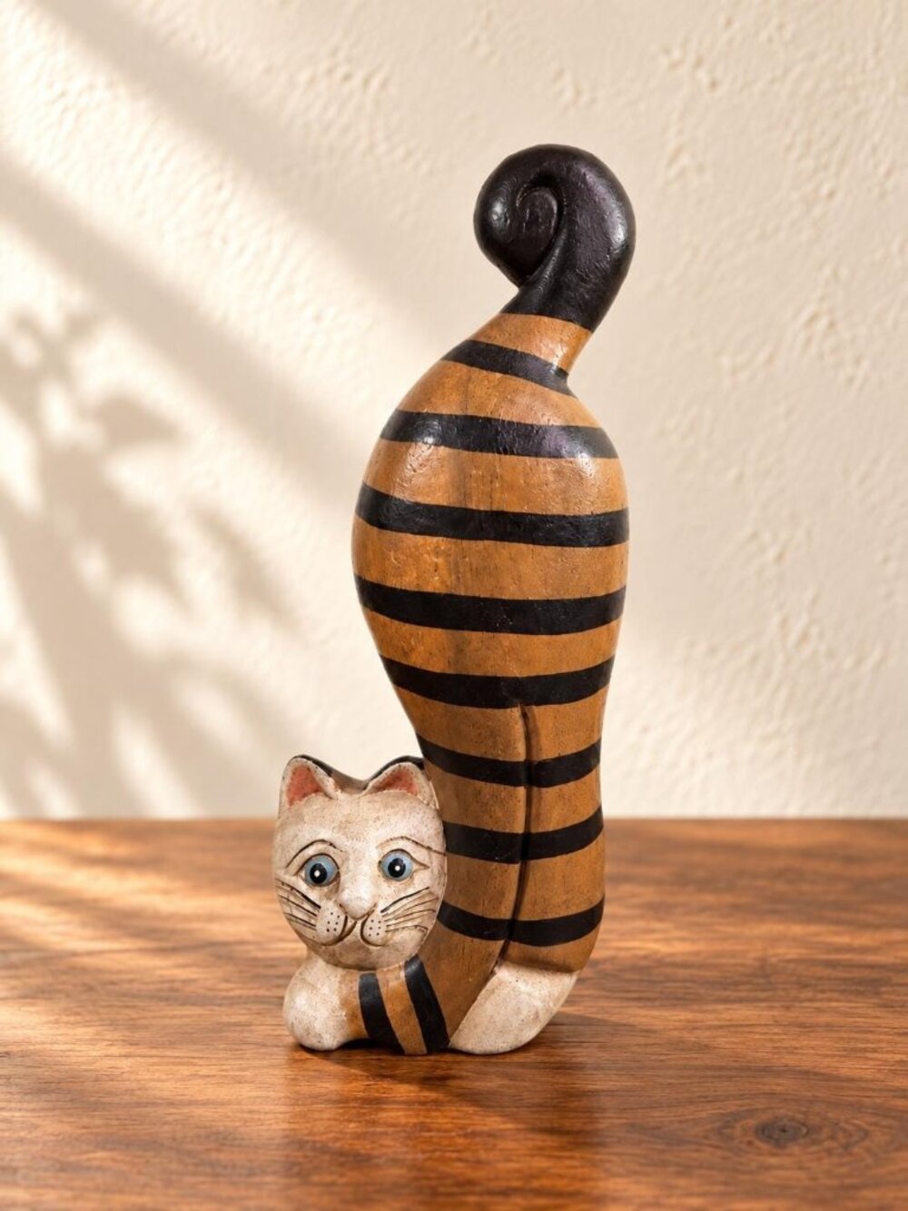 Hand Carved Wooden Cat Statue, Vintage Bali Folk Art Striped Cat Sculpture, Tall